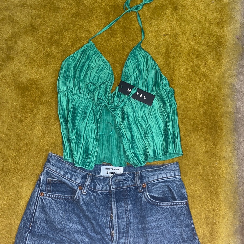 Motel Rocks Dama Cami Top in Crinkle Green NWT